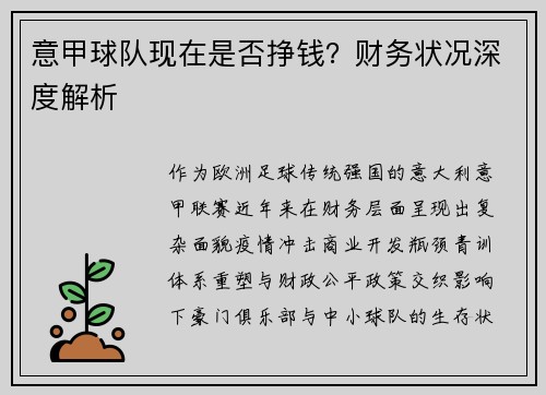 意甲球队现在是否挣钱？财务状况深度解析